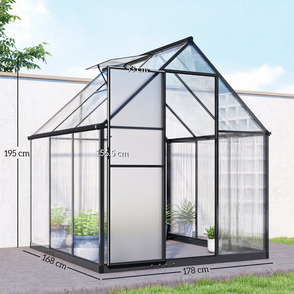 6 x 6.5ft Polycarbonate Greenhouse with Swing Door and Adjustable Window, Walk-in Greenhouse with Rain Gutter, Aluminium Garden Green House for Patio Garden Backyard, Black