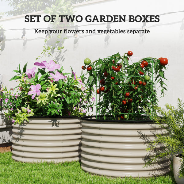 Outsunny Galvanized Raised Garden Bed Set of 2, Planters for Outdoor Plants with Safety Edging, Easy-to-assemble Stock Tanks for Growing Flowers, Herbs and Vegetables, 3' x 3' x 2', Cream White