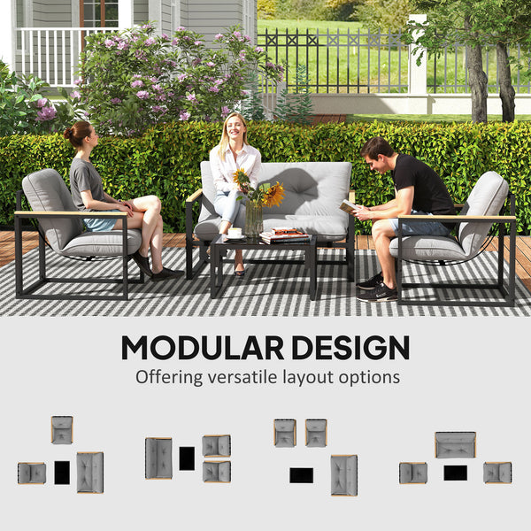 4 Piece Patio Furniture Set, Outdoor Loveseat Sofa Set with Thick Cushions and Coffee Table, Patio Conversation Set for Porch, Balcony, Deck, Light Grey