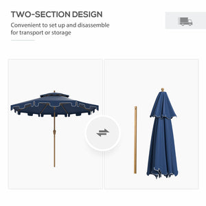 Outsunny 9' Patio Umbrella with Push Button Tilt and Crank, Double Top Ruffled Outdoor Market Table Umbrella with 8 Ribs, for Garden, Deck, Pool, Dark Blue