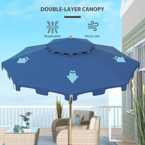 Outsunny 9' Patio Umbrella with Push Button Tilt and Crank, Double Top Ruffled Outdoor Market Table Umbrella with 8 Ribs, for Garden, Deck, Pool, Dark Blue