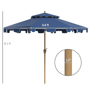 Outsunny 9' Patio Umbrella with Push Button Tilt and Crank, Double Top Ruffled Outdoor Market Table Umbrella with 8 Ribs, for Garden, Deck, Pool, Dark Blue