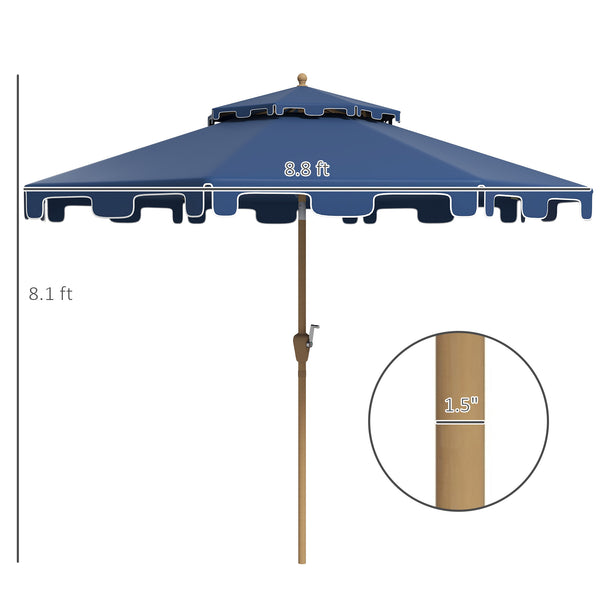 Outsunny 9' Patio Umbrella with Push Button Tilt and Crank, Double Top Ruffled Outdoor Market Table Umbrella with 8 Ribs, for Garden, Deck, Pool, Dark Blue