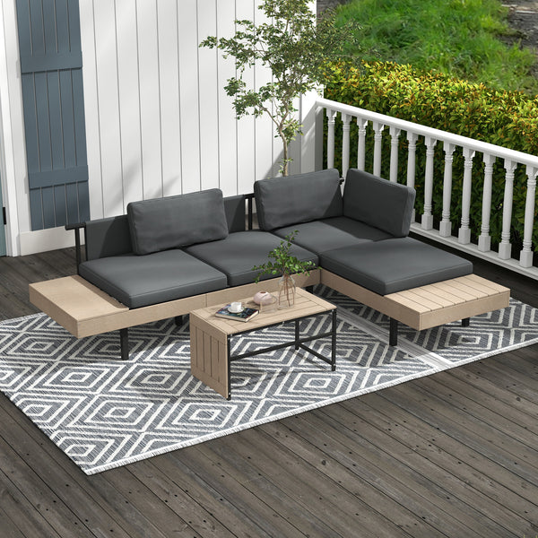 3 Pieces Garden Furniture Set, L Shaped 4 Seater Corner Sofa Set with Table and Cushions, HDPE, Outdoor Patio Sofa Set for Patio, Grey