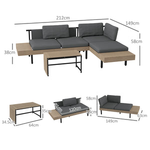 3 Pieces Garden Furniture Set, L Shaped 4 Seater Corner Sofa Set with Table and Cushions, HDPE, Outdoor Patio Sofa Set for Patio, Grey