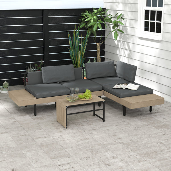 3 Pieces Garden Furniture Set, L Shaped 4 Seater Corner Sofa Set with Table and Cushions, HDPE, Outdoor Patio Sofa Set for Patio, Grey