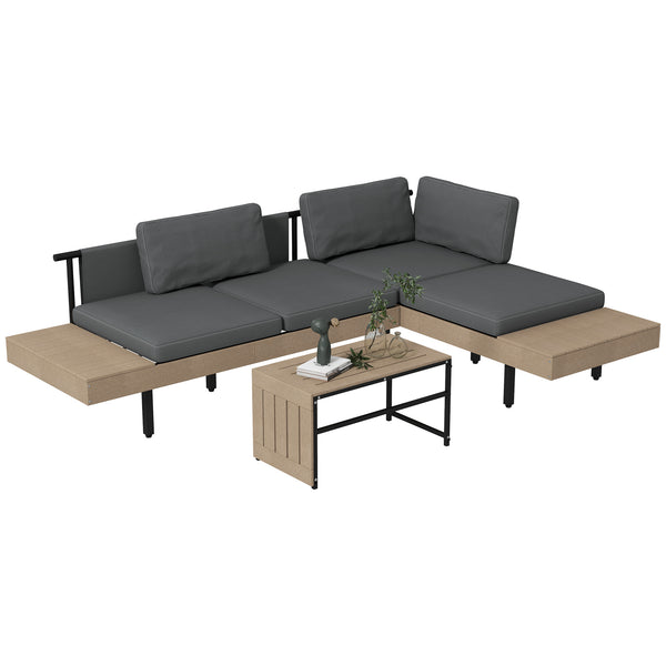 3 Pieces Garden Furniture Set, L Shaped 4 Seater Corner Sofa Set with Table and Cushions, HDPE, Outdoor Patio Sofa Set for Patio, Grey