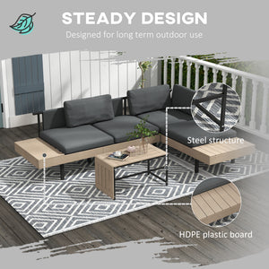 3 Pieces Garden Furniture Set, L Shaped 4 Seater Corner Sofa Set with Table and Cushions, HDPE, Outdoor Patio Sofa Set for Patio, Grey