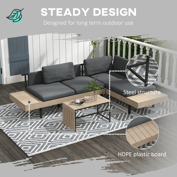 3 Pieces Garden Furniture Set, L Shaped 4 Seater Corner Sofa Set with Table and Cushions, HDPE, Outdoor Patio Sofa Set for Patio, Grey