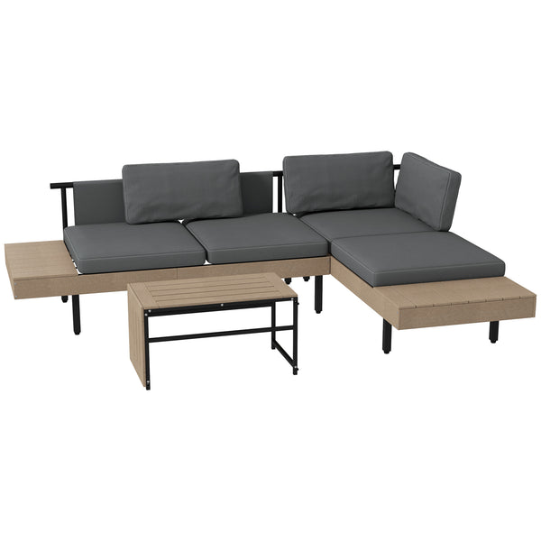 3 Pieces Garden Furniture Set, L Shaped 4 Seater Corner Sofa Set with Table and Cushions, HDPE, Outdoor Patio Sofa Set for Patio, Grey