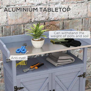 Outsunny Outdoor Wooden Potting Bench Table, Garden Workstation with Storage Cabinet, Aluminum Table Top, Rubber Wheels for Backyard, Patio, Balcony, Gray