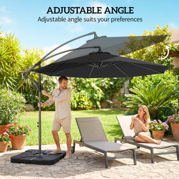 3 m Cantilever Parasol with Umbrella Weights, Cross Base, Offset Outdoor Umbrella with Protective Cover, Crank Handle, Hanging Sun Shade, Black
