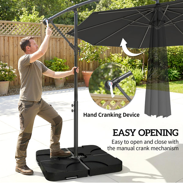 3 m Cantilever Parasol with Umbrella Weights, Cross Base, Offset Outdoor Umbrella with Protective Cover, Crank Handle, Hanging Sun Shade, Black