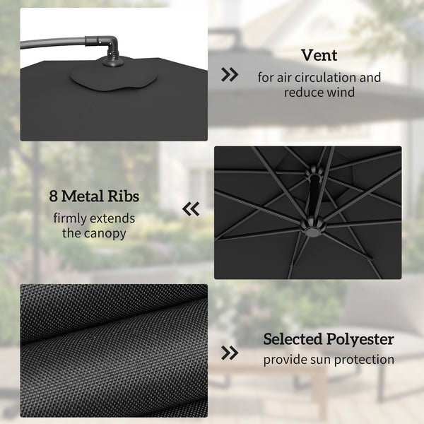3 m Cantilever Parasol with Umbrella Weights, Cross Base, Offset Outdoor Umbrella with Protective Cover, Crank Handle, Hanging Sun Shade, Black