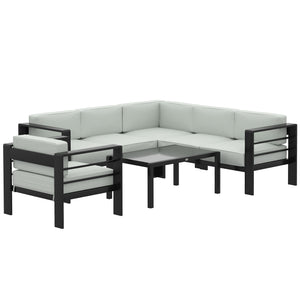 5-Piece Garden Corner Sofa Set with Cushions, 6 Seater Aluminium Garden Furniture Set with Glass Top Coffee Table, Patio Sectional Conservatory Furniture for Patio & Terrace, Light Grey