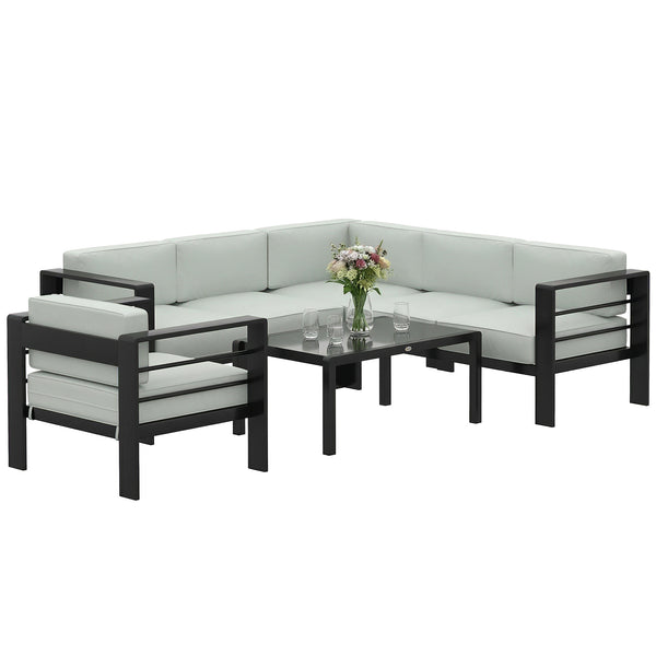 5-Piece Garden Corner Sofa Set with Cushions, 6 Seater Aluminium Garden Furniture Set with Glass Top Coffee Table, Patio Sectional Conservatory Furniture for Patio & Terrace, Light Grey