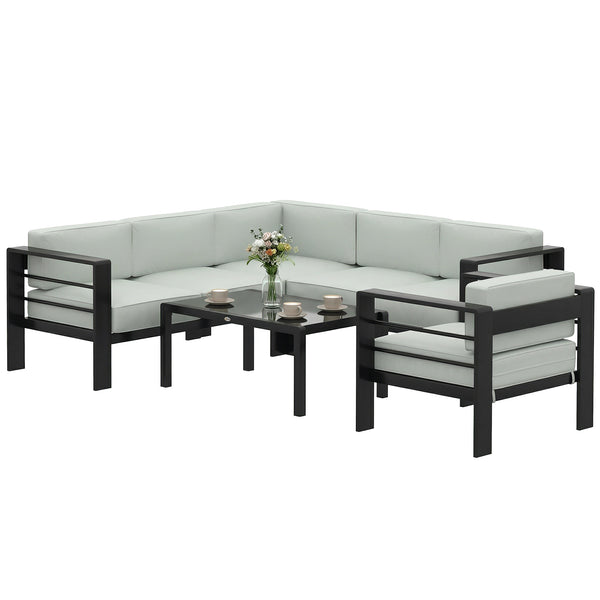 5-Piece Garden Corner Sofa Set with Cushions, 6 Seater Aluminium Garden Furniture Set with Glass Top Coffee Table, Patio Sectional Conservatory Furniture for Patio & Terrace, Light Grey