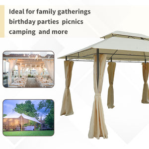 4m x 3(m)Garden Gazebo, Double Roof Outdoor Gazebo Canopy Shelter with Curtains, Solid Steel Frame for Lawn and Deck, Beige