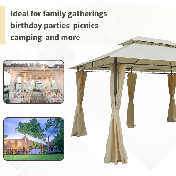 4m x 3(m)Garden Gazebo, Double Roof Outdoor Gazebo Canopy Shelter with Curtains, Solid Steel Frame for Lawn and Deck, Beige