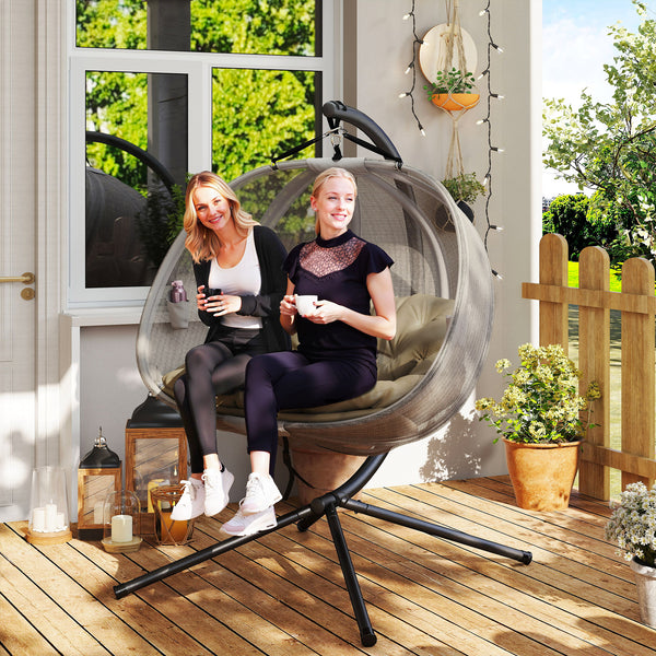 Double Egg Chair with Stand, 2 Person Hanging Swing Egg Chair Outdoor Indoor, 528 LBS Capacity Loveseat Hammock Swing with Cushion, Pockets, Khaki