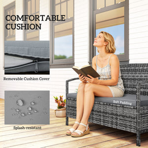 Wicker Outdoor Storage Bench, 33 Gallon PE Rattan Deck Box Seat, 2-Seater Patio Bench with Storage and Cushion for Garden Tools, Balcony, Backyard, Pool, Grey