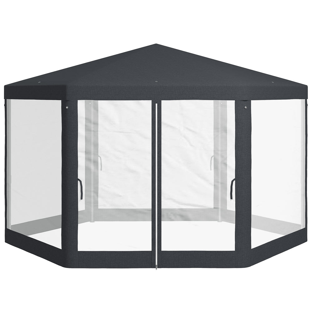 Φ13' Hexagon Party Tent Patio Gazebo Outdoor Activity Event Canopy Quick Sun Shelter Pavilion with Netting Mesh Sidewall Dark Grey
