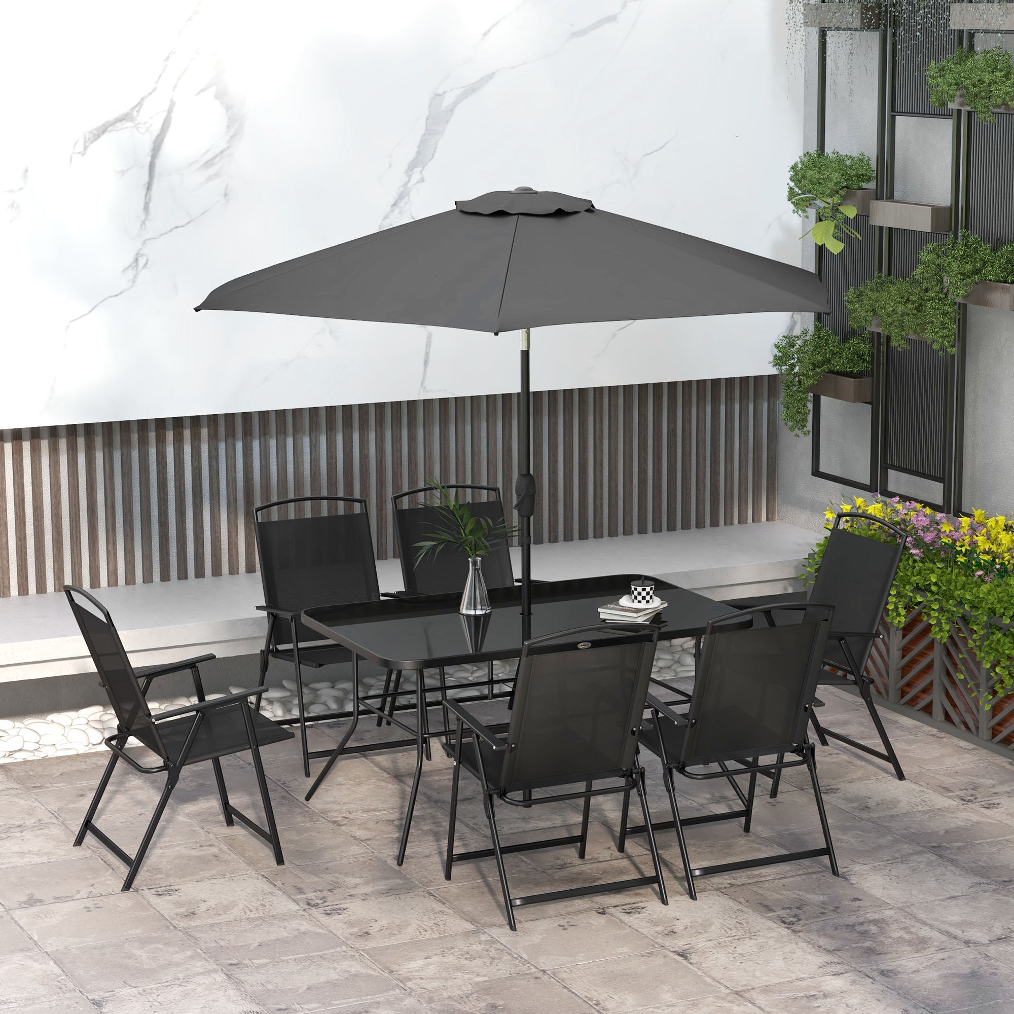 black patio dining set with umbrella Outsunny 8 Piece Patio Set with Umbrella, Outdoor Dining Table & 6 Folding Chairs w/ Mesh Seat, Black