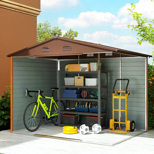 9 x 6ft Metal Garden Shed, House Hut Gardening Tool Storage with Ventilations, Sliding Door, Sloped Roof for Garden, Patio, Brown