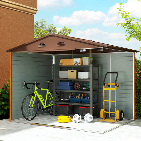 9 x 6ft Metal Garden Shed, House Hut Gardening Tool Storage with Ventilations, Sliding Door, Sloped Roof for Garden, Patio, Brown
