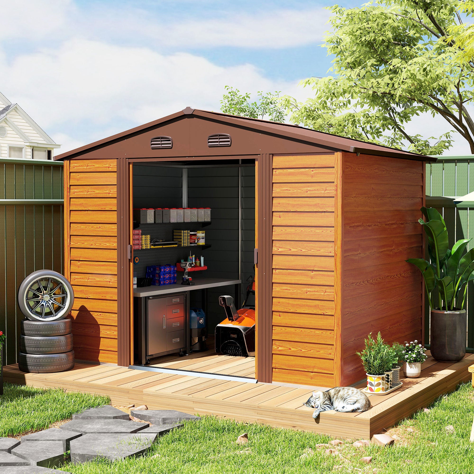 9 x 6ft Metal Garden Shed, House Hut Gardening Tool Storage with Ventilations, Sliding Door, Sloped Roof for Garden, Patio, Brown