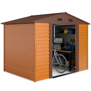 9 x 6ft Metal Garden Shed, House Hut Gardening Tool Storage with Ventilations, Sliding Door, Sloped Roof for Garden, Patio, Brown