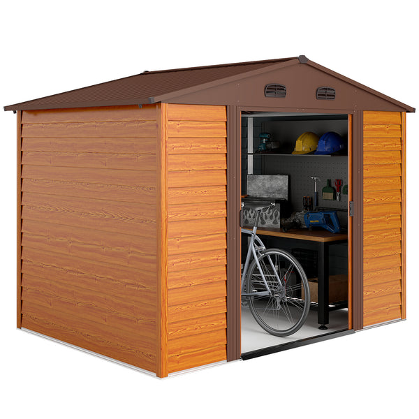 9 x 6ft Metal Garden Shed, House Hut Gardening Tool Storage with Ventilations, Sliding Door, Sloped Roof for Garden, Patio, Brown