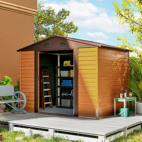 9 x 6ft Metal Garden Shed, House Hut Gardening Tool Storage with Ventilations, Sliding Door, Sloped Roof for Garden, Patio, Brown
