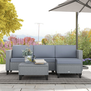 5 Pieces PE Rattan Garden Furniture Set, 4 Seater Garden Corner Sofa Set with Glass Coffee Table, Wicker Outdoor Furniture Set with Cushions for Patio Deck, Grey
