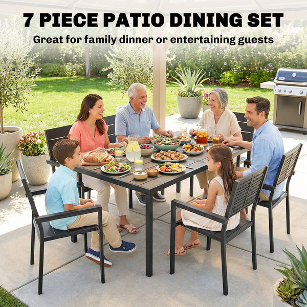 7 Pieces Outdoor Dining Set, Patio Table and Chairs for 6, Garden Dining Furniture Set with Slatted Tabletop and Metal Frame for Balcony, Patio, Backyard, Black