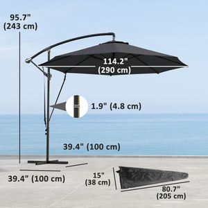 9.5FT Cantilever Patio Umbrella with Wind Strap, Cover, Round Offset Hanging Umbrella with 360°Rotation, Crank and Cross Base for Garden, Deck, Yard and Pool, UPF50+, Grey