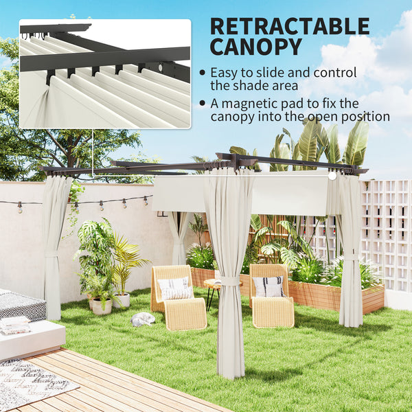 10' x 13' Retractable Pergola Canopy with Curtains, Outdoor Gazebo UPF30+ Sun Shade Shelter for Grill, Garden, Patio, Backyard, Deck, Cream White