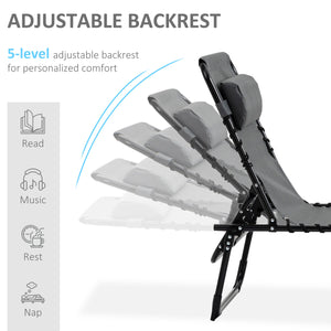 Folding Lounge Chair, Reclining Tanning Chair, Portable Sun Lounger with Adjustable Backrest and Removable Pillow for Patio, Garden, Beach, Grey