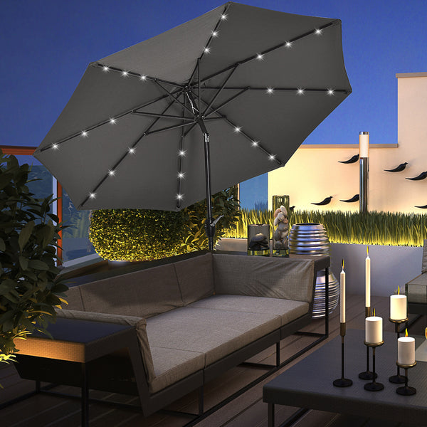 8.8 ft Patio Umbrella, Solar Powered Outdoor Market Table Umbrella with Adjustable LED Lights, Tilt and Crank for Garden, Backyard, Deck, Dark Grey