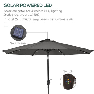 8.8 ft Patio Umbrella, Solar Powered Outdoor Market Table Umbrella with Adjustable LED Lights, Tilt and Crank for Garden, Backyard, Deck, Dark Grey