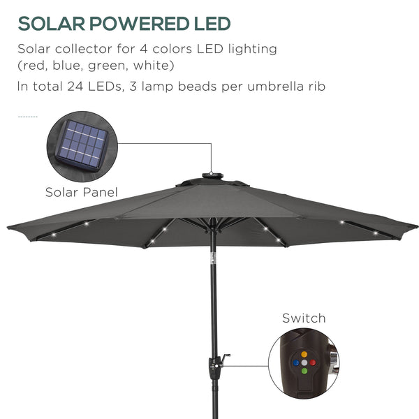 8.8 ft Patio Umbrella, Solar Powered Outdoor Market Table Umbrella with Adjustable LED Lights, Tilt and Crank for Garden, Backyard, Deck, Dark Grey