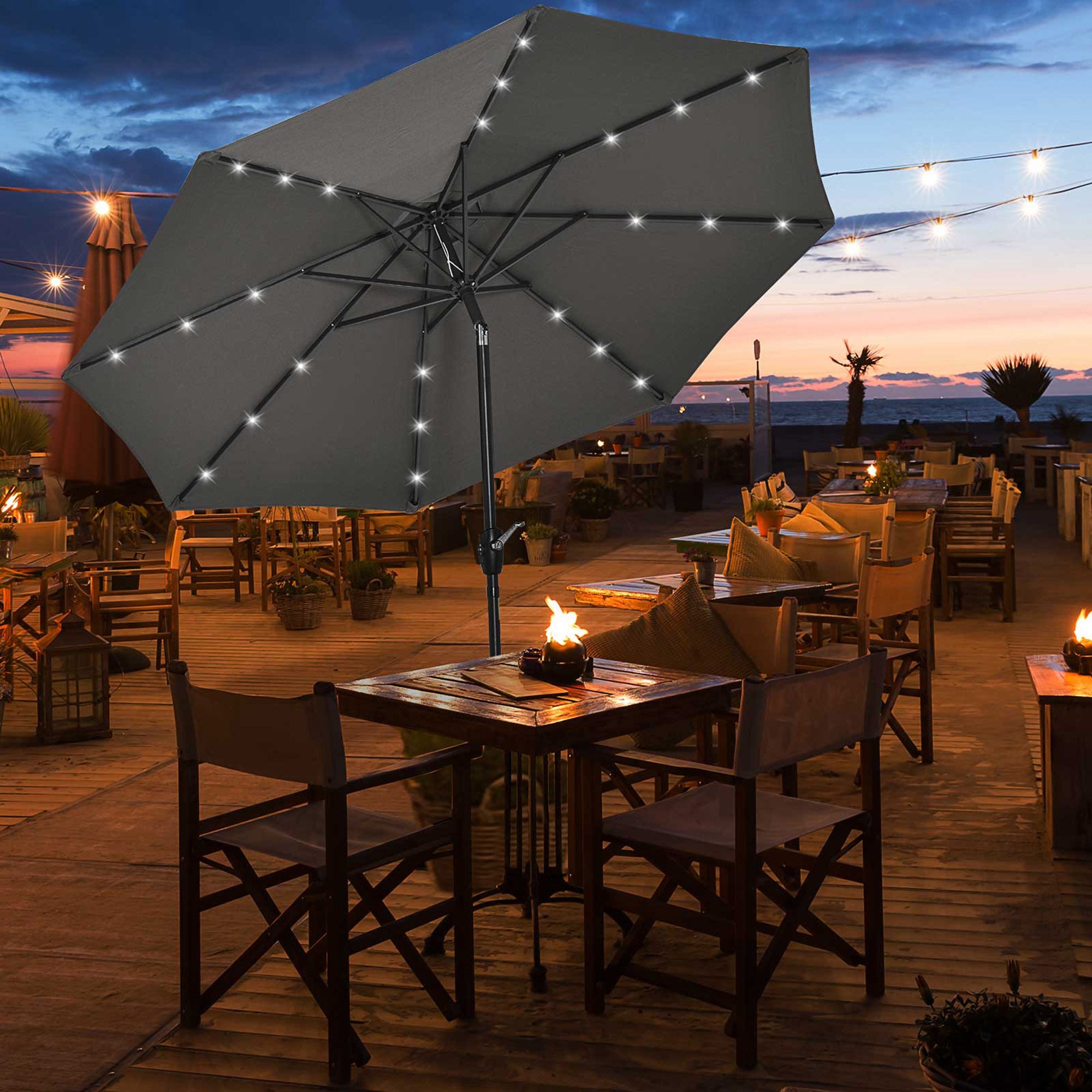 8ft patio umbrella with lights Outsunny 8.8' Solar Powered Patio Umbrella with LED Lights and Tilt, Dark Grey