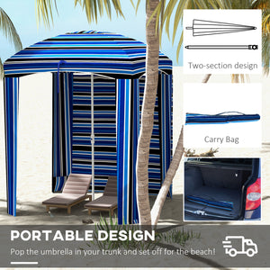 5.9' x 5.9' Portable Beach Umbrella, Ruffled Outdoor Cabana with Walls, Vents, Sandbags, Carry Bag, Blue Stripe