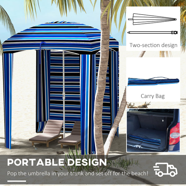 5.9' x 5.9' Portable Beach Umbrella, Ruffled Outdoor Cabana with Walls, Vents, Sandbags, Carry Bag, Blue Stripe