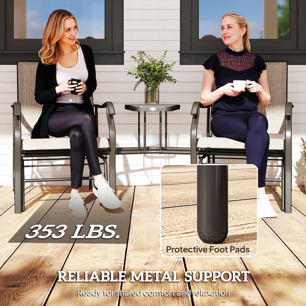 Outdoor Glider Chairs with Coffee Table, Patio 2-Seat Rocking Chair Swing Loveseat with Breathable Sling for Backyard, Garden, and Porch, Light Brown