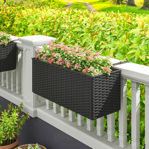 2 Pack Railing Planter Box, 20 Inch Hanging Flower Pots with Hooks and Drainage Hole, Rectangular Planters for Fence, Balcony, Garden, Patio, Rattan Look, Black
