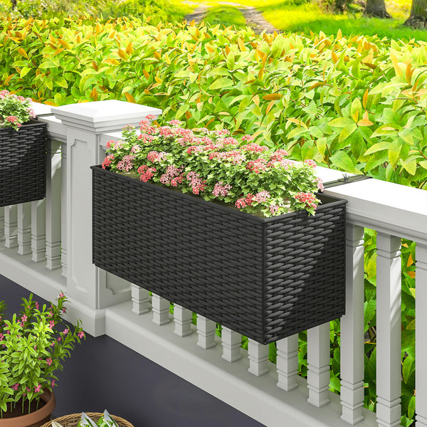 2 Pack Railing Planter Box, 20 Inch Hanging Flower Pots with Hooks and Drainage Hole, Rectangular Planters for Fence, Balcony, Garden, Patio, Rattan Look, Black