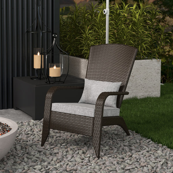 Patio Wicker Adirondack Chair, PE Rattan Outdoor Muskoka Chair, Fire Pit Chair with Cushions for Patio, Garden, Backyard, Poolside, Balcony, Deck, Grey