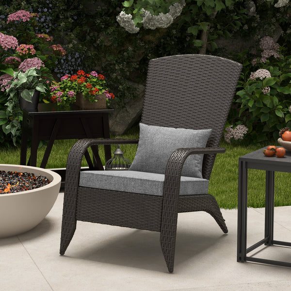 Patio Wicker Adirondack Chair, PE Rattan Outdoor Muskoka Chair, Fire Pit Chair with Cushions for Patio, Garden, Backyard, Poolside, Balcony, Deck, Grey