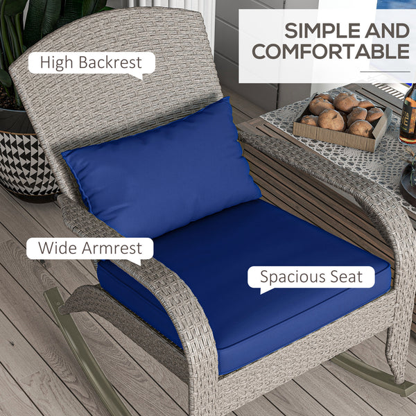 Outdoor Wicker Adirondack Rocking Chair, Patio Rattan Rocker Chair with High Back, Seat Cushion and Pillow for Garden, Porch, Balcony, Dark Blue